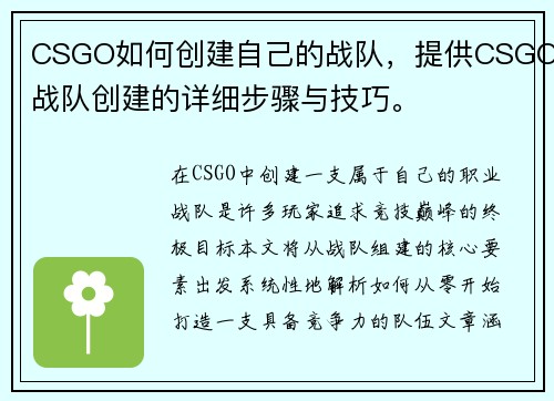 CSGO如何创建自己的战队，提供CSGO战队创建的详细步骤与技巧。