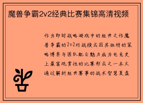 魔兽争霸2v2经典比赛集锦高清视频