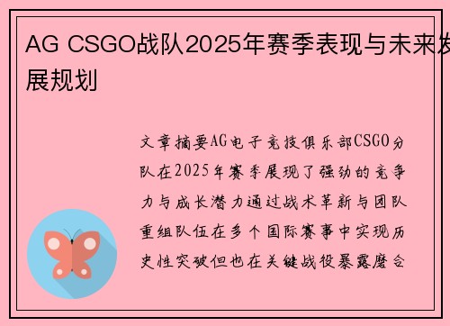 AG CSGO战队2025年赛季表现与未来发展规划