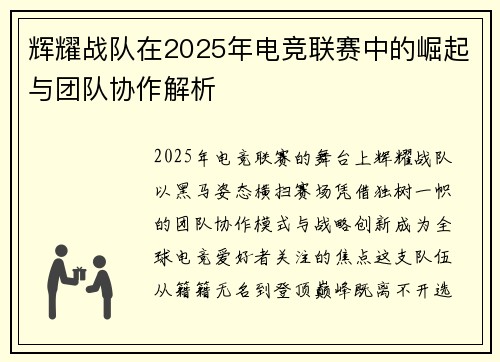 辉耀战队在2025年电竞联赛中的崛起与团队协作解析